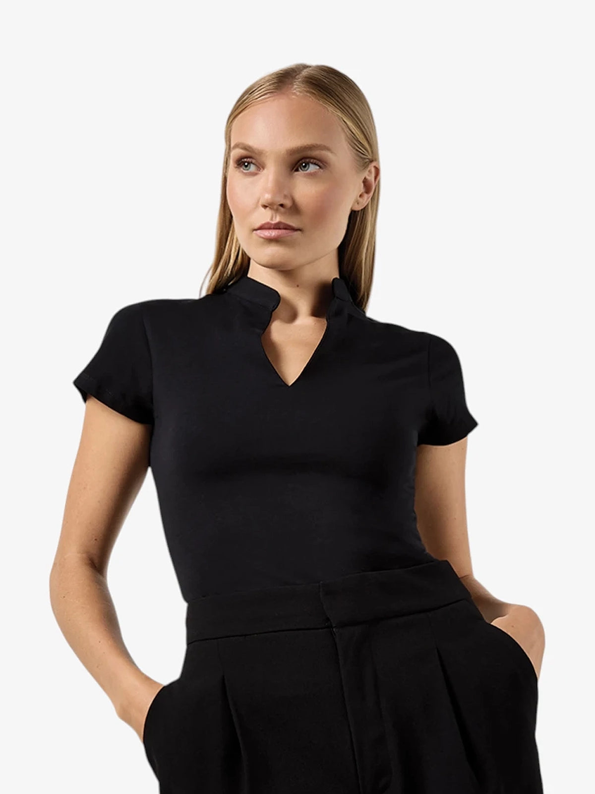 Ladies V-Neck Mandarin Collar Top